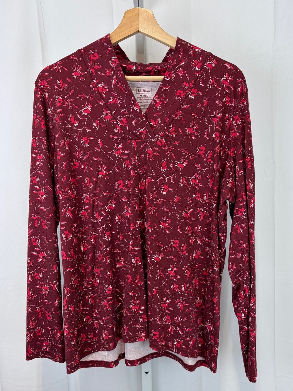 L.L. BEAN Pima Cotton Shawl V Neck Long Sleeve Tee Top Floral Print Red Size XL